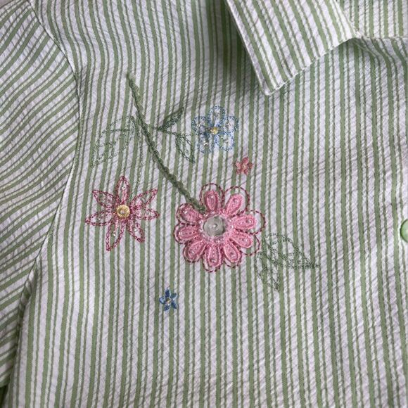 Alfred Dunner Seersucker Green Stripe Embroidered Beaded Short Sleeve Women 8 - Picture 9 of 13